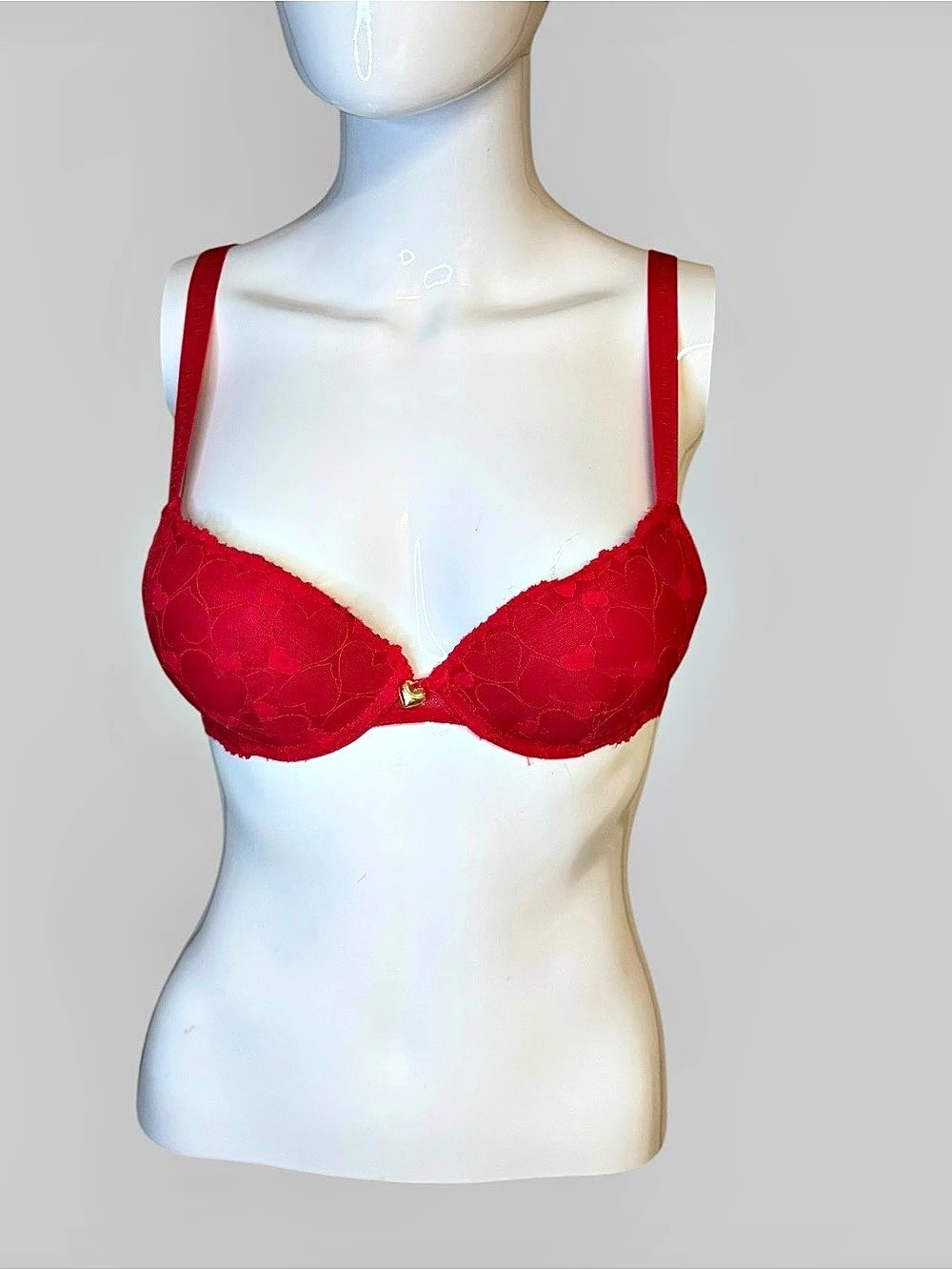 Juicy Couture 36B Red Lace Push Up Bra Gold Heart Charm Y2K Lingerie